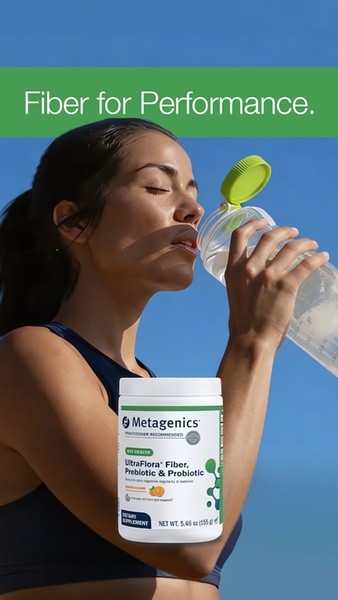 A lifestyle-focused ad showing an active individual consuming a digestive health supplement against a clear sky backdrop.